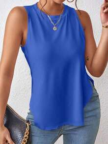 1 pieza Camiseta casual de mujer de cuello redondo y bajo con abertura lateral de un solo color - Azul - Ver 6