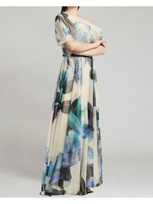Elegant Women's Floral Print Asymmetrical Wrap A Line Midi Dress With Regular Sleeves - 藍白色 - 查看 5