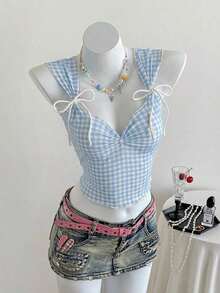 Top a cuadros sin mangas para mujeres con escote de corazón y nudo delantero - Azul - Ver 3