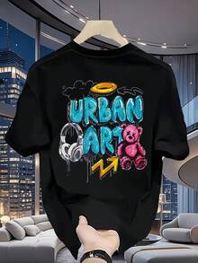 Camiseta de manga corta estampada de marca de moda, unisex, para hombre y mujer, de algodón puro, estilo coreano y japonés, versátil, para uso diario informal en verano. - Negro - Ver 10