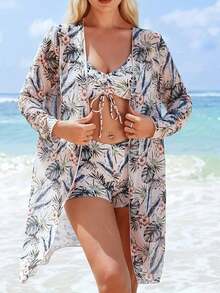 Conjunto de bikini con estampado tropical de tres piezas sujetador de empuje y bottom de bikini tipo hipster y kimono para mujer estilo vacaciones de verano en la playa - Rosa coral - Ver 5