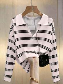 Camiseta de manga larga de ajuste holgado con estampado de rayas de contraste, para uso casual y diario, ideal para primavera/otoño - Rosa - Ver 4