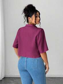 Blusa elegante corta con pliegues y lazo delantero para mujer - Morado - Ver 2