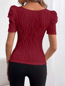 Privé Camiseta De Cuello Cuadrado Y Manga Corta Ajustada Con Textura - Burdeos - Ver 2
