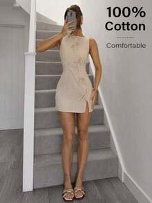 2026 New Release: Bohemian Office Siren Mini Dress - Linen-Cotton Blend Beige Sleeveless Dress With Bowknot Detailing, A-Line Summer Work To Weekend Outfits Summer Dresses For Women Brown Casual - Albaricoque - Ver 2