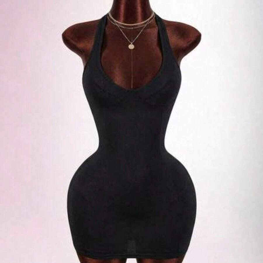 Y2K Sexy Women's Solid Color Deep V-Neck Sexy Backless Mini Dress Summer Dresses For Women Spring Outfit Women Valentine Outfits For Women Party Dress Racerback Open Backless Sleeveless V-Neck Heart-Shaped Bust Mini Bodycon Dress Sexy Curve Dress White Sexy Dress Women Built In Bra Dress White Club Dress White Bodycon Dress - Negro - Ver 1