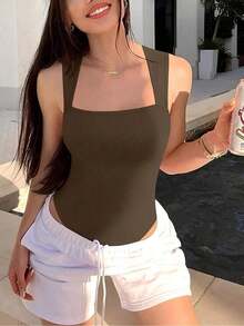 Body casual de un solo color con tirantes anchos y ajustado para mujer - Café integral - Ver 5