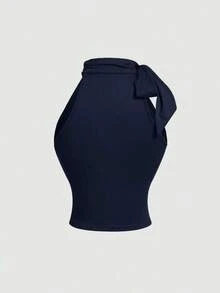 Blusa con cuello alto, lazo y recogido, casual y de moda para uso diario, perfecta para vacaciones, citas, picnics, fiestas, bailes de graduación, festivales y cumpleaños; uso diario, salir, té, club, primavera/verano, invitada de boda - Azul marino - Ver 2