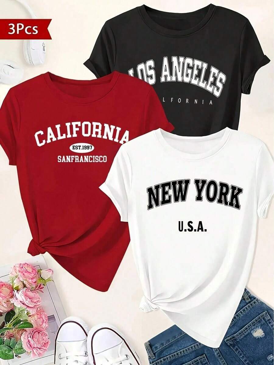 Single Item, Not A 3-Piece Set. One Piece/Set Of Short-Sleeved T-Shirts Suitable For Streetwear. Oversized Crew Neck Top For Everyday Wear, Camping, Concerts, Hip-Hop, Rock, And Rap Events. Letter Print Crew Neck T-Shirt. Casual Short-Sleeved Top For Spring And Summer. Women's Clothing. - 黑色 - 查看 1