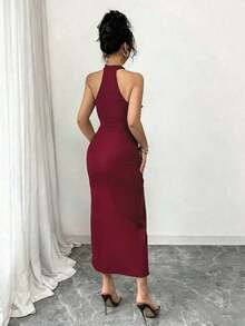 Vestido maxi ajustado con cuello en V, sin mangas, con decoración de encaje y abertura alta, elegante para mujer.Adecuado para vacaciones, citas, reuniones diarias y uso en fiestas, primavera/verano - Burdeos - Ver 2