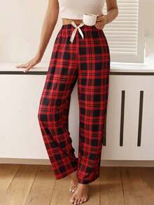 Pantalones de pijama holgados con lazo y estampado de cuadros para mujer, otoño e invierno - Rojo - Ver 1