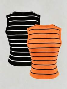 Conjunto de 2 piezas de camiseta de tirantes a rayas negras y blancas para mujer - Multicolor 3 - Ver 2