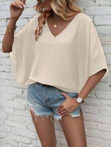 Camisa de manga corta de unicolor, cuello en V, holgada y casual para vacaciones - Albaricoque - Ver 3