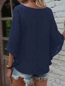 Camisa de manga corta de unicolor, cuello en V, holgada y casual para vacaciones - Azul marino - Ver 2