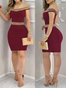 Vestido negro elegante y ceñido para mujer - Halter sin mangas con tela de lentejuelas en la espalda, perfecto para actividades de verano, mezcla de poliéster lavable a máquina, vestido ajustado, adecuado para citas nocturnas diarias, fiestas, fiestas de solteros - Burdeos - Ver 1