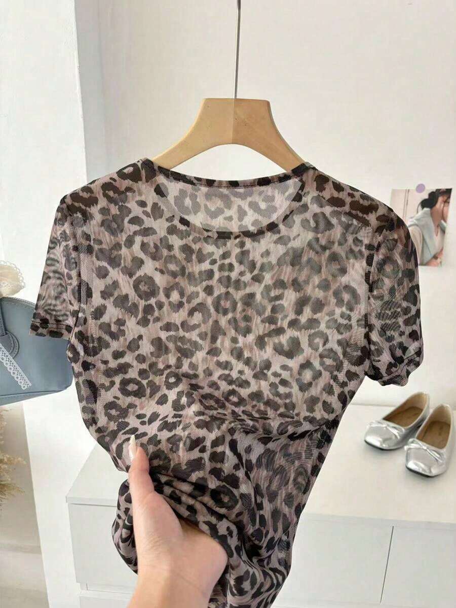 Blusa ajustada de cuello redondo con estampado de leopardo vintage de malla, elegante y casual para uso diario - Multicolor - Ver 1