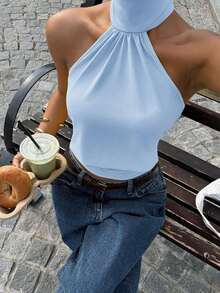 Top de punto con cuello de halter color albaricoque para mujer - Azul - Ver 3