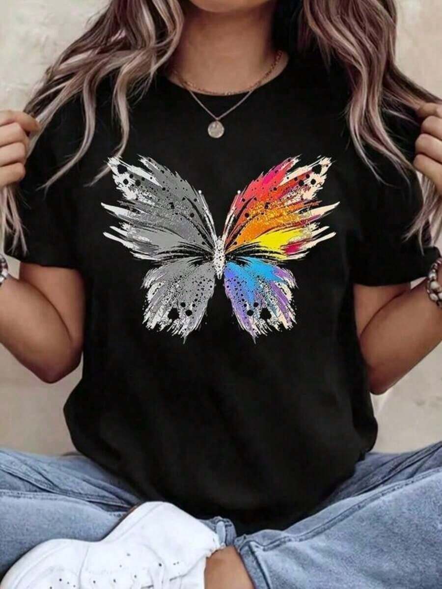 Camisetas casuales para mujer, camiseta de cuello redondo con estampado de mariposas coloridas, manga corta, top casual de verano, camiseta para mujer, estilo Y2K, camisetas de moda de verano, conjuntos y tops casuales de streetwear. - Negro - Ver 1