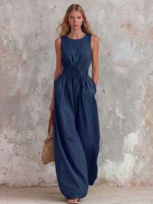 Women's Retro Casual Jumpsuit In Green With Ruffle, V-Neck And Sleeveless, Made Of Cotton And Linen - 藏青色 - 查看 1