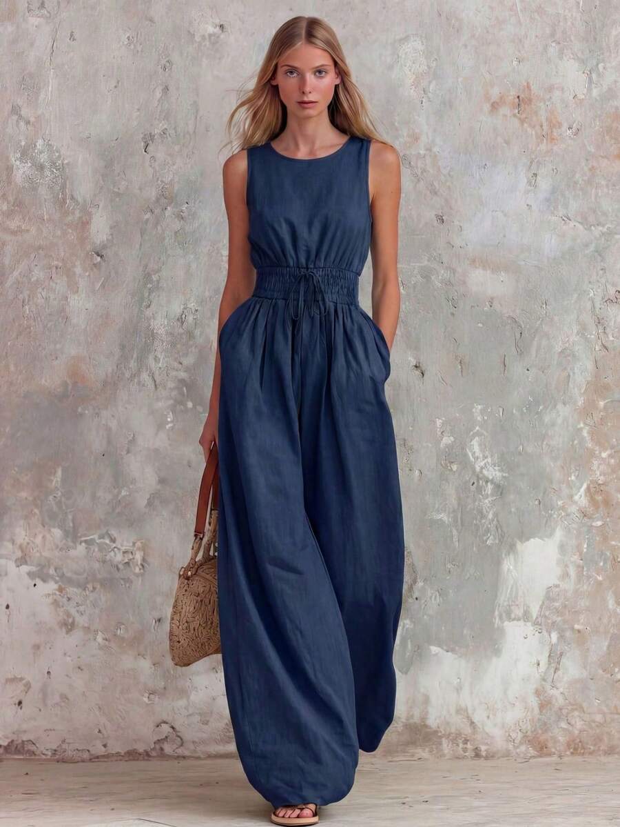 Women's Retro Casual Jumpsuit In Green With Ruffle, V-Neck And Sleeveless, Made Of Cotton And Linen - 藏青色 - 查看 1