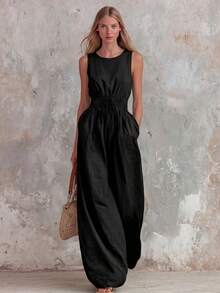 Women's Retro Casual Jumpsuit In Green With Ruffle, V-Neck And Sleeveless, Made Of Cotton And Linen - 黑色 - 查看 3