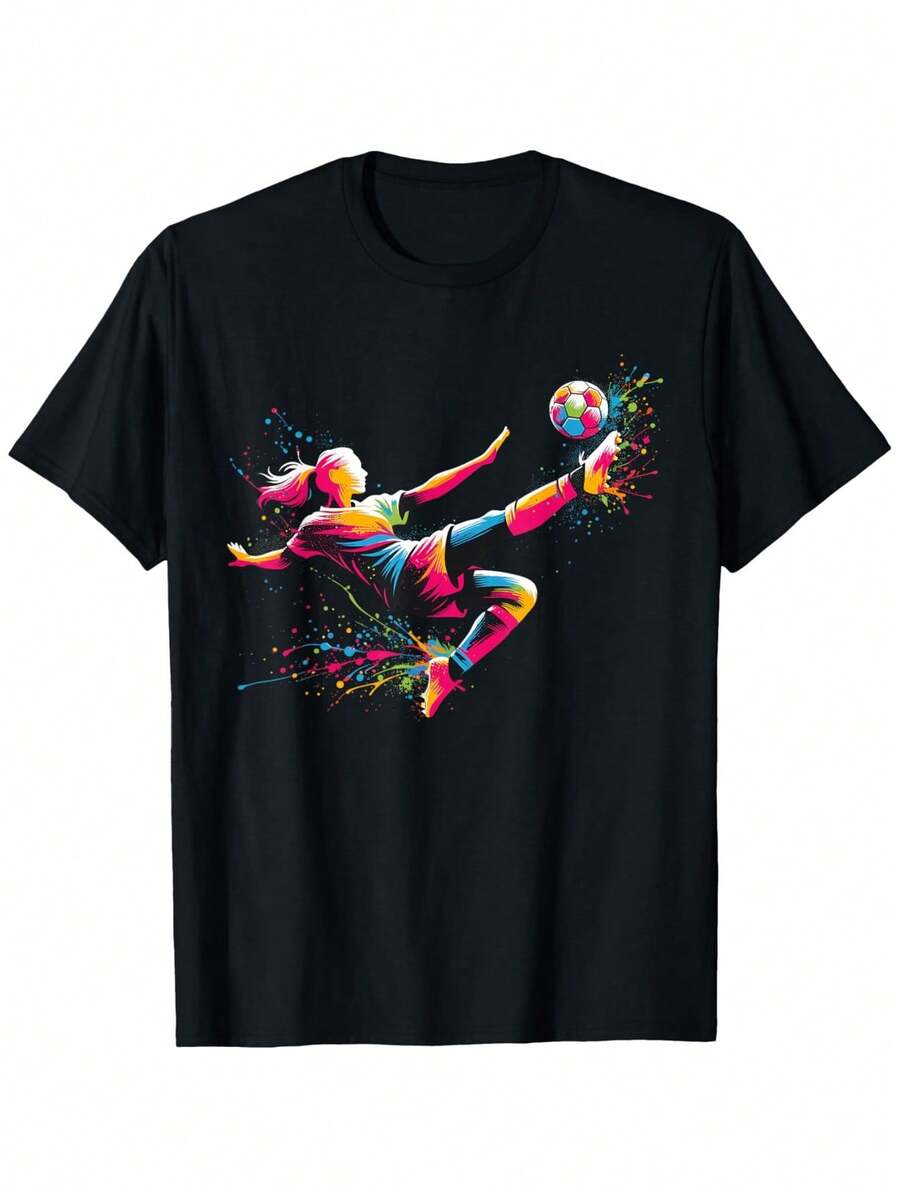 Unisex Graphic Soccer T-Shirt For Men And Women, Featuring A Dynamic Female Soccer Player Print. Ideal For Daily Training, Casual Wear, And Soccer Events. Sizes S-2XL, Comfortable And Durable. - 黑色 - 查看 1