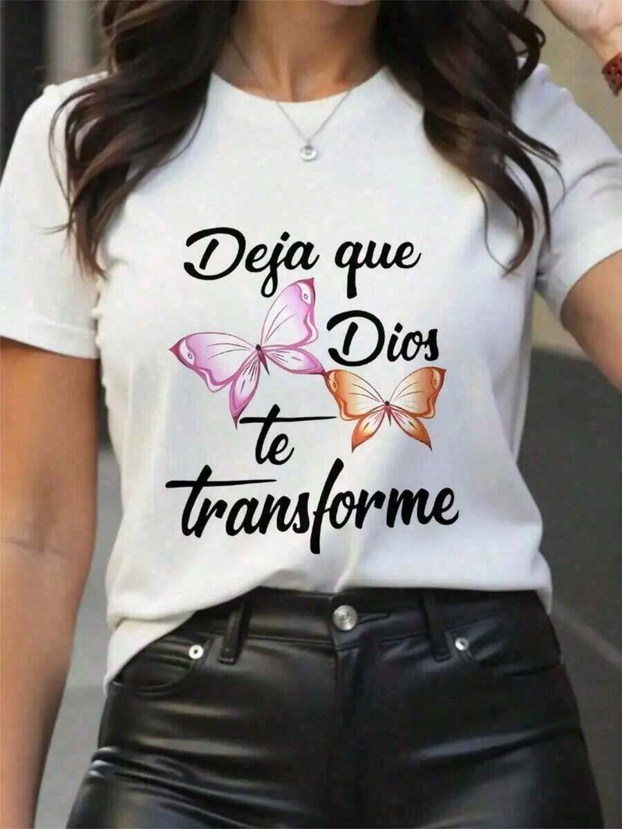 Camiseta de manga corta para mujer, nueva colección primavera-verano 2026, con diseño estampado, versátil para uso diario, adecuada para ocasiones de oficina y casuales. Cada pieza está empaquetada individualmente. - Blanco - Ver 1