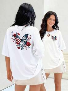 Butterfly With Wings Representing The Union Of Freedom And Beauty Surrounded By Roses And Detailed Flowers. Women's T-Shirt, 100% Cotton. Suitable For Spring, Summer And Autumn. - 白色 - 查看 7