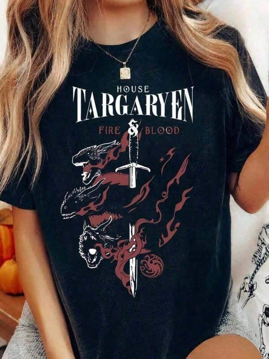 Women's Oversized T-Shirt, 100% Cotton, House Targaryen Fire & Blood Design With Dragons And Swords, Vintage Style, Casual Clothing For FansPure-Cotton - 黑色 - 查看 1