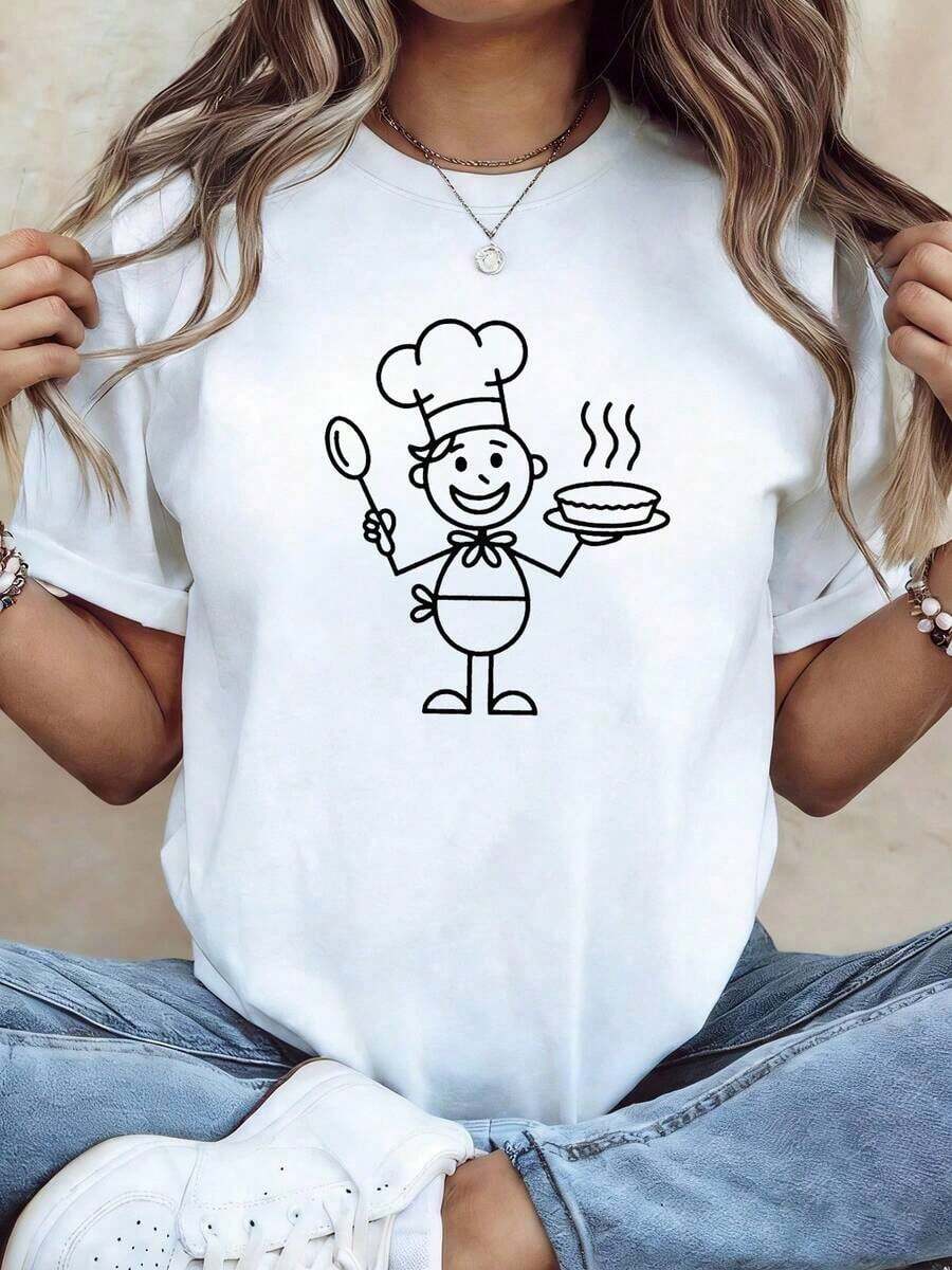 Vintage, Childlike, And Relaxed Style, Women's Spring/Summer T-Shirt With A Cartoon Chef Print. Suitable For Cooking In The Kitchen, Foodie Gatherings, Everyday Wear At Home, Parent-Child Activities, And Daily Commutes. Women's T-Shirt Top > Basic - 白色 - 查看 1