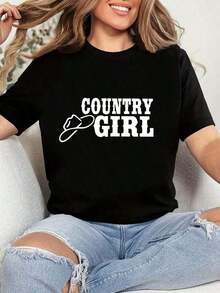 Vintage Women's Western Style Letter Print T-Shirt | "Country" With White Denim Hat Print, Casual Short Sleeves, Machine Washable, Ideal For Festivals, Parties, And Casual Outings. Women's T-Shirt Top > Basic - 黑色 - 查看 7
