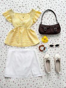 Blusa de mujer de cuello en V amarilla, ajustada a la cintura, de manga corta, con estilo romántico francés, para primavera/verano - Amarillo - Ver 3