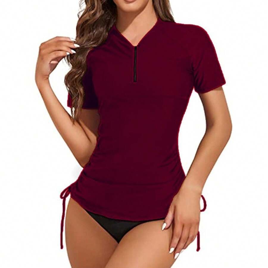 Solid Color Slimming Surf Suit With Zipper And Tummy Control Effect, Featuring A Ruched Triangle Design, Two-Piece Swimsuit For Women. - Burgundy - View 1