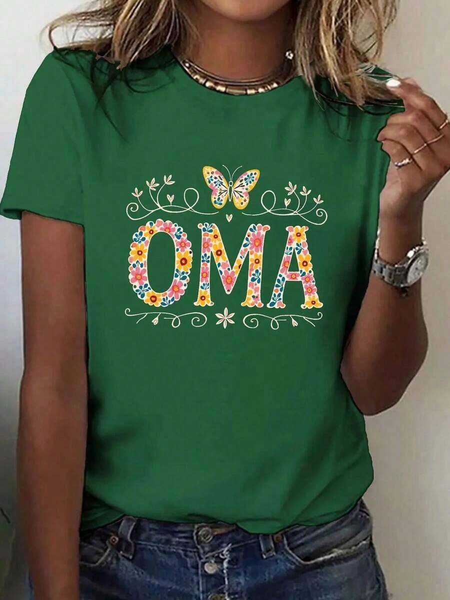 Women's & Men's 1 Piece Women's T-Shirt With Floral Print, Soft Cotton, Sweat-Absorbent, Breathable, Simple Casual Style, Round Neck, Short Sleeve For Daily Wear In Spring And Summer, OMA Women's T-Shirt With Geometric Floral Print, Short Sleeve - Butterfly Design, Round Neck, Casual Style, Low Elasticity, Machine Washable, Comfortable Style For All Seasons, Summer Style, Bright Patterns, Comfortable Fabric, Fashion Printed T-Shirt Winter Clothing For Women - 綠色 - 查看 1