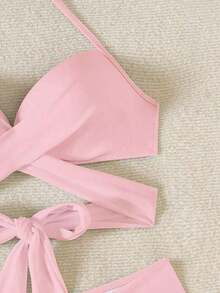 Swim Mod Conjunto de bikini de tirantes cruzados con envoltura de playa y soporte push-up para el verano - Rosa - Ver 5