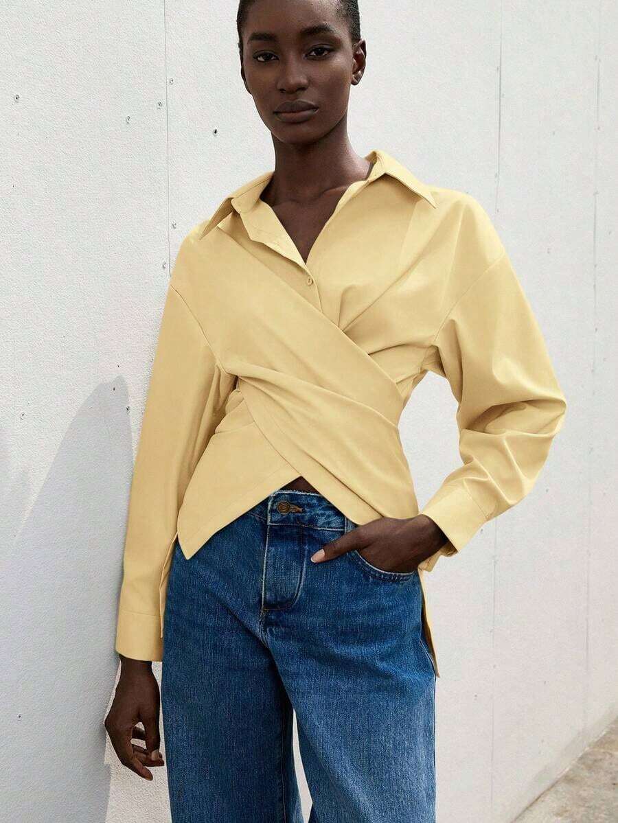Aveloria Zanirela Camisa de trabajo con frente cruzado y envolvente sólido - Amarillo Mostaza - Ver 1