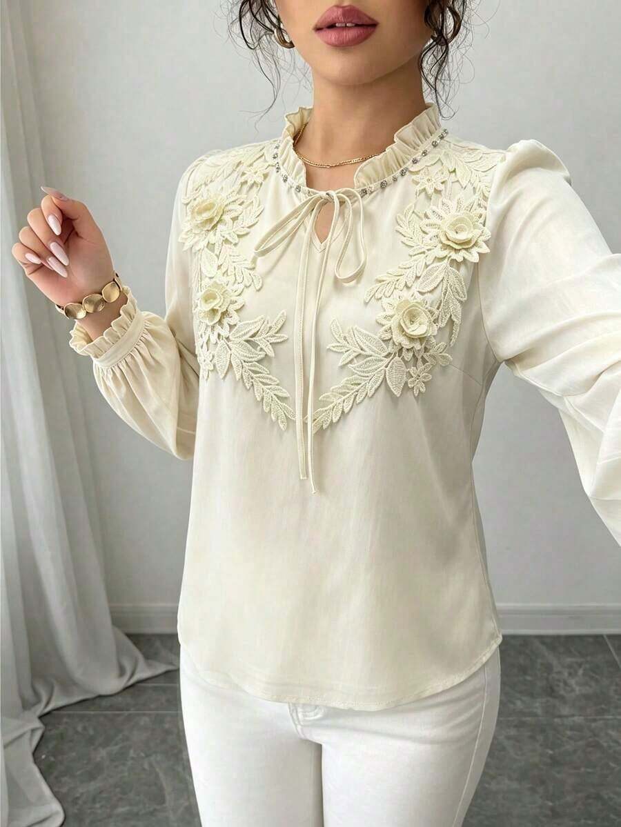 Blusa de mujer de color albaricoque con adorno de encaje, de moda y casual - Albaricoque - Ver 1
