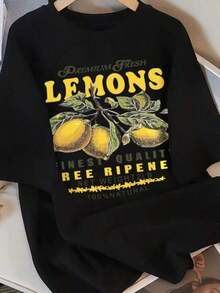Women's T-Shirt With Lemon Fruit Print, Premium, Cool, Cotton, Sporty, Round Neck, Casual, Loose, Versatile, Short Sleeve, 100% Cotton - 黑色 - 查看 7