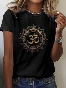 Camiseta con estampado de elementos principales, top casual de manga corta y cuello redondo para verano y primavera, ropa de mujer - Negro - Ver 1