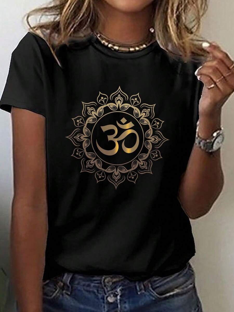 Camiseta con estampado de elementos principales, top casual de manga corta y cuello redondo para verano y primavera, ropa de mujer - Negro - Ver 1