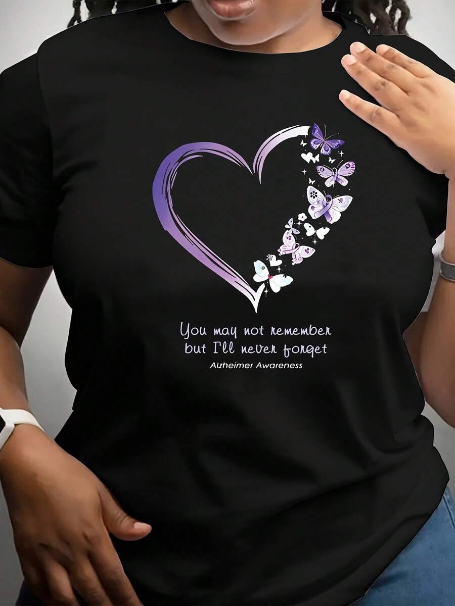 Camiseta con estampado gráfico, manga corta y cuello redondo, top casual para verano y primavera, ropa de mujer - Negro - Ver 1