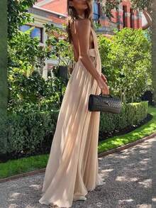 Vestido largo de fiesta plisado cuello V profundo halter espalda descubierta elegante moda verano para mujer - Albaricoque - Ver 6