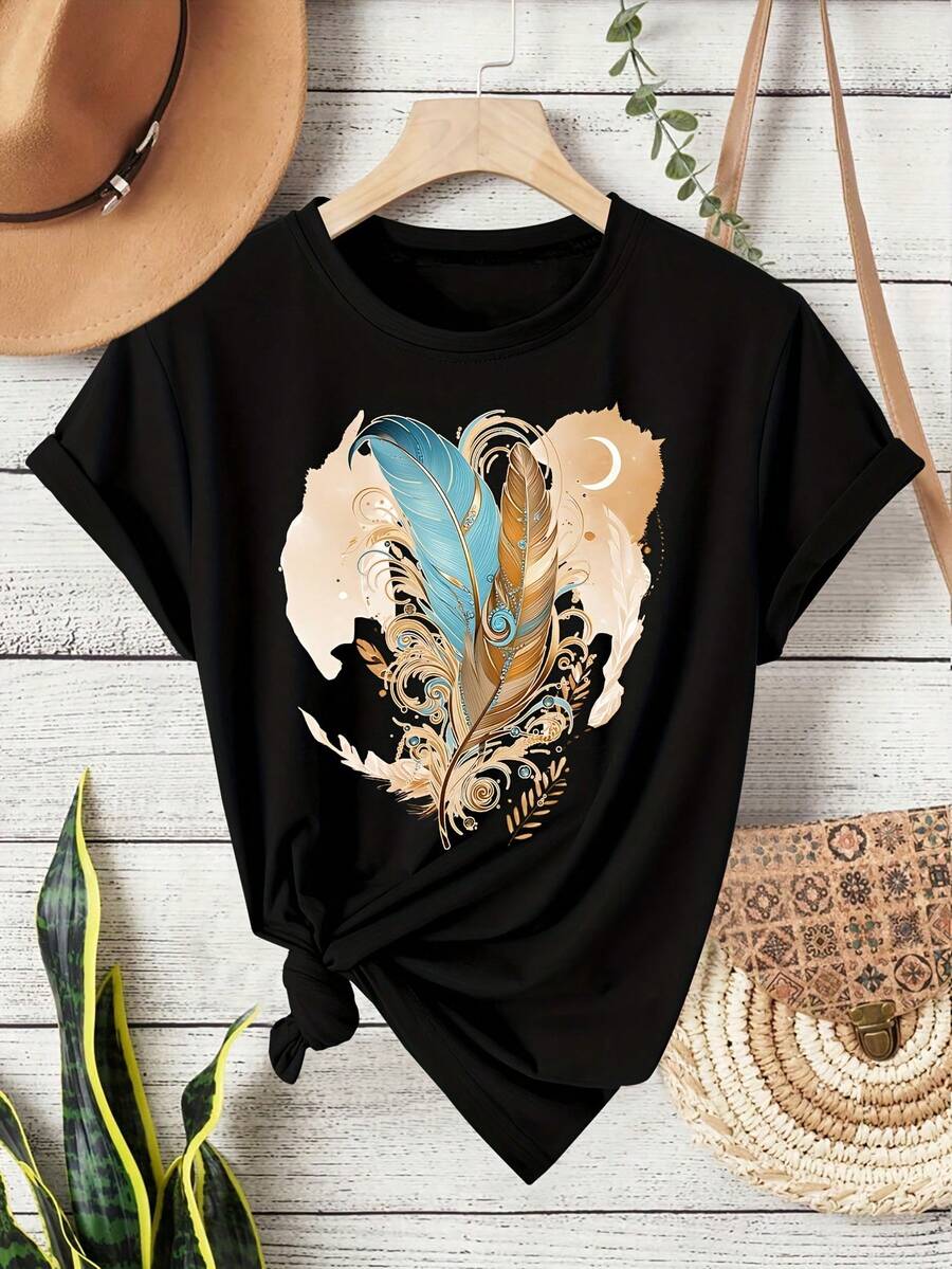 Camiseta de manga corta con cuello redondo, estilo mexicano, estampado de plumas en rosa brillante, estilo retro a la moda, ropa casual deportiva y de fitness para mujer, adecuada para primavera, verano, otoño e invierno. Camiseta ligera, transpirable y holgada.