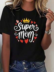 Camiseta de Mujer "Super Mamá" 100% Algodón - Blanca con Letras Doradas y Corazones Rojos - Ajuste Cómodo Casual Suave - Idea para Regalo del Día de la Madre - Ropa casual Todas las Estaciones - Atuendo Perfecto para el Nacimiento o El Día de La Mama - Diseño Super Mom & Cornizos en Oro y Rosa, Lavable a Mancha. Corte Relajado: Elegante y Transpirable de Algodón Puro - Negro - Ver 1