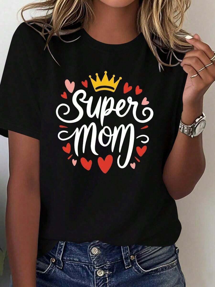 Camiseta de Mujer "Super Mamá" 100% Algodón - Blanca con Letras Doradas y Corazones Rojos - Ajuste Cómodo Casual Suave - Idea para Regalo del Día de la Madre - Ropa casual Todas las Estaciones - Atuendo Perfecto para el Nacimiento o El Día de La Mama - Diseño Super Mom & Cornizos en Oro y Rosa, Lavable a Mancha. Corte Relajado: Elegante y Transpirable de Algodón Puro - Negro - Ver 1