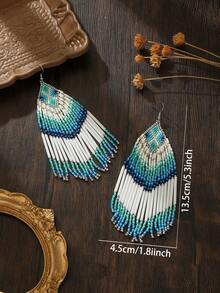 SOUL BEADING Blue & White Gradient Tassel Earrings For Beach Vacation, Photogenic Bohemian Style, Colorful Soul Seed Bead Versatile Design - Cadet Blue - View 5