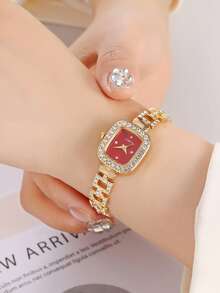 1pc Business Elegant Women's Gold Square Case Rhinestone Dial Square Crystal Inlaid Pull-Out Adjustable Bracelet Hip-Hop Style Quartz Watch - Red - View 2