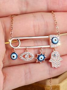 Vanel 1 buah Kalung Modis yang Dipersonalisasi, Desain Mata Jahat dan Peniti CZ, Aksesori Fashion Unik untuk Pemakaian Sehari-hari - mawar emas-putih - View 2