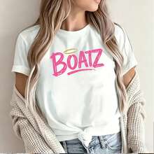 BoatZ pink handwritten style design for women's short sleeve t-shirt featuring playful and edgy typography with a golden halo accent perfect for casual summer wear in Mexico - Blanco - Ver 2