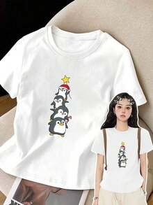 Camisetas de manga corta de talla grande para mujer, ideales para el verano, camisetas básicas de uso diario, camiseta estampada de manga corta - Pingüino Navideño, Feliz Navidad - Camiseta estampada de primavera/verano para mujer, artículo de moda, versátil y casual, transpirable y cómoda. - Blanco - Ver 10